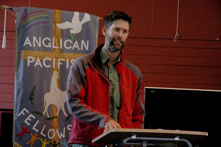 Rev Jolyon White addresses the Anglican Pacifist Fellowship conference on peacemaking strategies in 2018. Rev Jolyon White addresses the Anglican Pacifist Fellowship conference on peacemaking strategies in 2018.