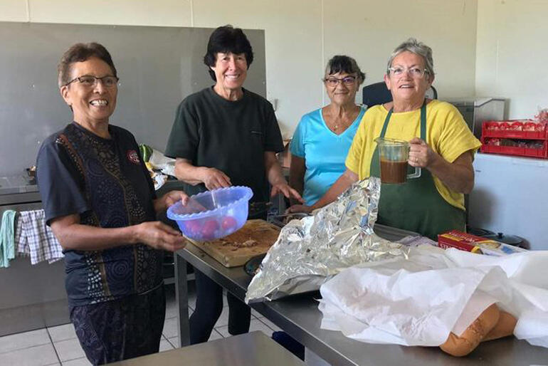 L-R: Kura Tihore, Te Ataakura Forrester, Kay Kopua & Carol Destounis cook for the Ngāti Porou response in Tokomaru Bay. 