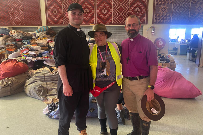 Rev Zhane Tahau Whelan and Bishop Andrew Hedge with Zhane's aunty Sage Miraka from Omahu Marae Emergency response team.