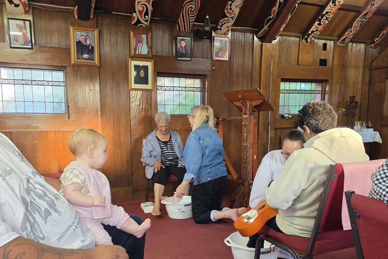 Footwashing on Maundy Thursday in the Chapel of Te Pā o te Hui Amorangi o te Waipounamu, Otautahi, Easter 2026.