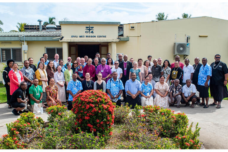 Moana:Water of Life Talanoa 2 participants line up outside the meeting hall at Pacific Theological College near Suva. 