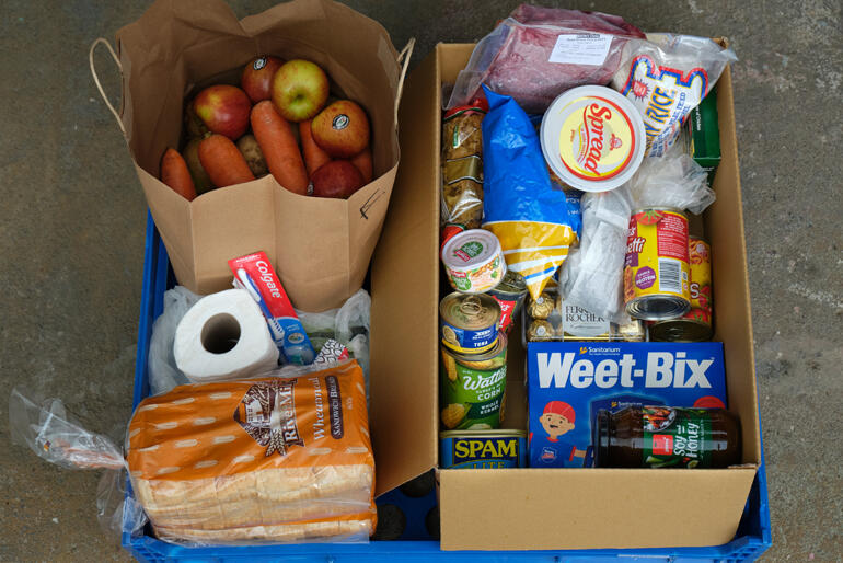 A typical example of the Auckland City Mission's emergency food packs designed to feed four people for five days.