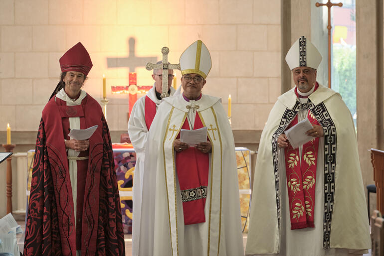 R-L: Abp Don Tamihere, Abp Sione Ulu'ilakepa and Abp Justin Duckworth at Bishop Anne van Gend's ordination in St Paul's Cathedral, Dunedin in 2025. R-L: Abp Don Tamihere, Abp Sione Ulu'ilakepa and Abp Justin Duckworth at Bishop Anne van Gend's ordination in St Paul's Cathedral, Dunedin in 2025.