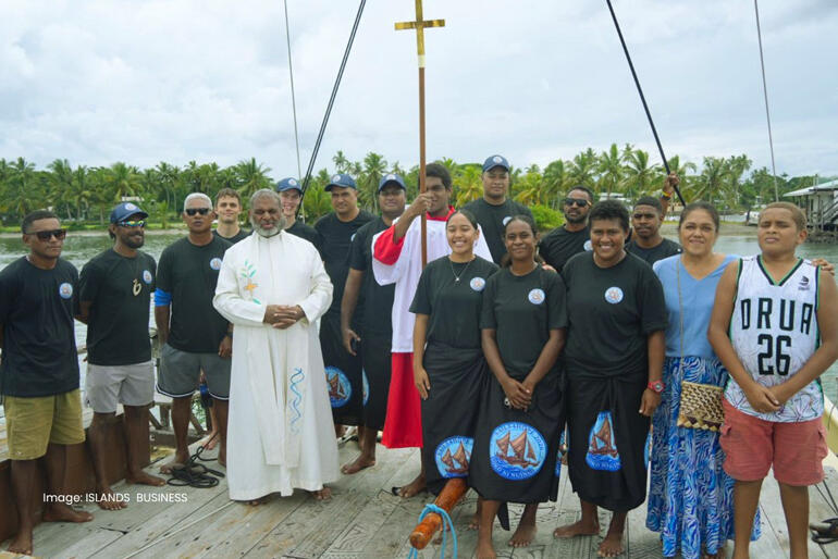 The Reverend Winston Tarere joins the Sails of Hope crew and trainers on the Uto Ni Yalo after blessing the project launch on 12 April 2026.