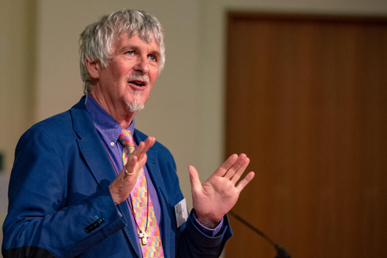Rev John Bell, composer and worship leader from Scotland's Iona Community urges Anglican schools to sing their stories. Photo: Kelvin Wright. Rev John Bell, composer and worship leader from Scotland's Iona Community urges Anglican schools to sing their stories. Photo: Kelvin Wright.