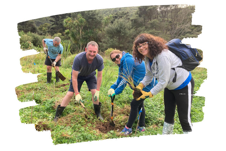 Bishop Ross Bay, Archdeacon Carole Hughes and Auckland diocesan staff join in a Season of Creation planting day at Matuku Link, Bethells. Bishop Ross Bay, Archdeacon Carole Hughes and Auckland diocesan staff join in a Season of Creation planting day at Matuku Link, Bethells.
