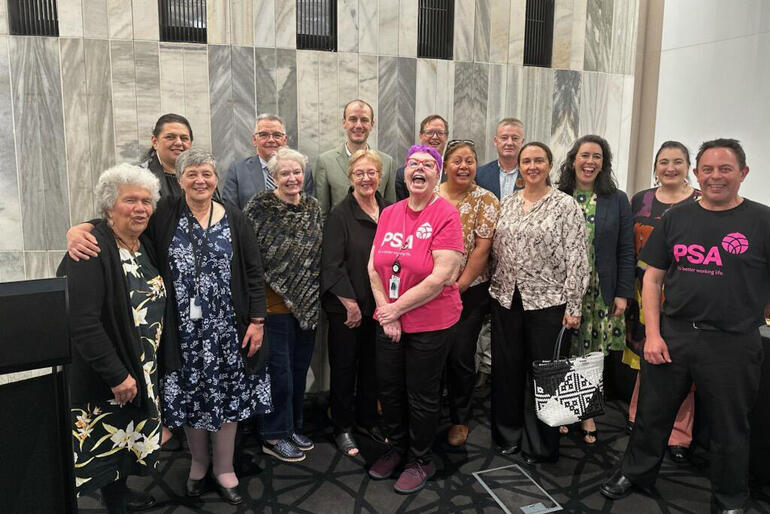 Anglican social service leaders Dee-Ann Wolverstan, Mike Williams & Judy Matai’a celebrate the pay equity win alongside PSA members. Anglican social service leaders Dee-Ann Wolverstan, Mike Williams & Judy Matai’a celebrate the pay equity win alongside PSA members.