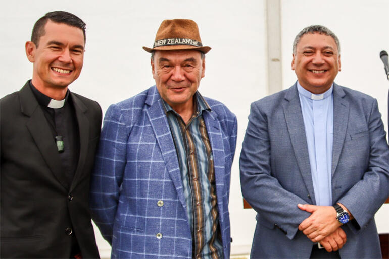 Archdeacon Lyndon Drake joins Hoani Tapu Te Reo Māori lecturer Victor Mokaraka and Manukura Rev Katene Eruera after the College opening. Archdeacon Lyndon Drake joins Hoani Tapu Te Reo Māori lecturer Victor Mokaraka and Manukura Rev Katene Eruera after the College opening.