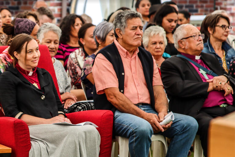 Asst Bishop of Wellington, Rt Rev Eleanor Sanderson and Pīhopa o Te Waipounamu, Rt Rev Richard Wallace support the College at last Tuesday's pōwhiri.