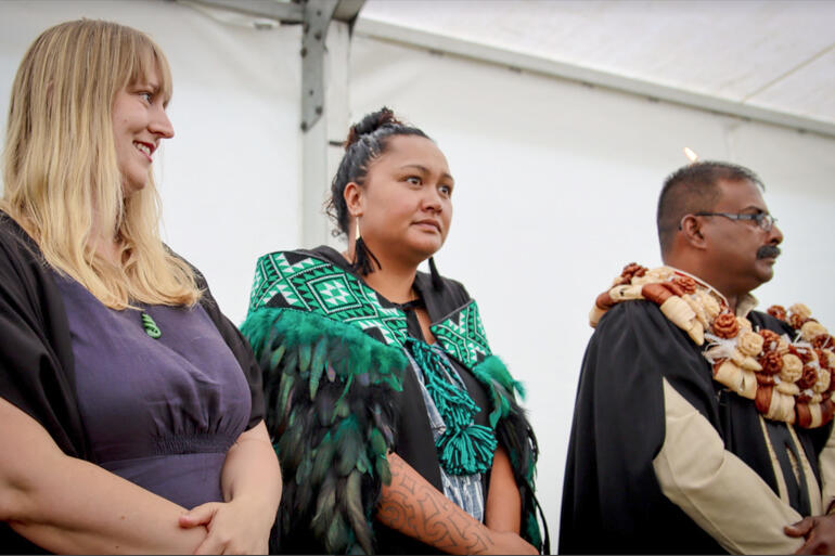 Hoani Tapu – St John's College students Cassie Lee, Channah Poutai and Daniel Sahayam stand among the graduates at this year's College pōwhiri. Hoani Tapu – St John's College students Cassie Lee, Channah Poutai and Daniel Sahayam stand among the graduates at this year's College pōwhiri.