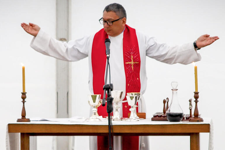 Rev Katene Eruera celebrates the Eucharist at the 2021 opening of Te Whare Wānanga o Hoani Tapu -St John's College.