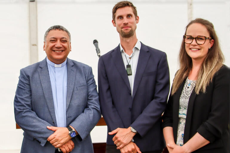 St John's Manukura, Rev Katene Eruera stands with new kaiako Dr Tom Noakes-Duncan and Opening Eucharist preacher, Dr Emily Colgan.