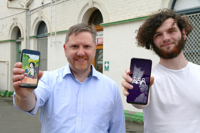 Berry Hill team Benjamin Brock-Smith & Trent Mitchell-Borsley show the app's Kaitiaki-Guardian & Kaiwhakatere-Wayfinder themes. Berry Hill team Benjamin Brock-Smith & Trent Mitchell-Borsley show the app's Kaitiaki-Guardian & Kaiwhakatere-Wayfinder themes.