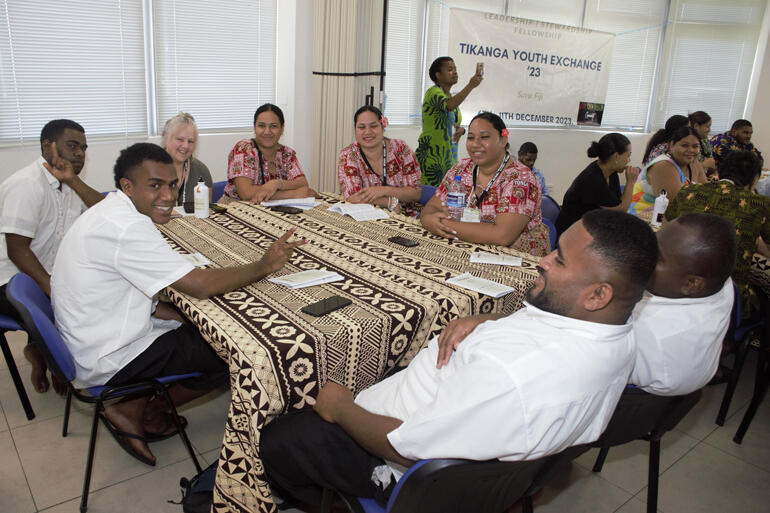 National Tikanga Pākehā Youth Facilitator Lorna Gray(left) joins TYE delegates at the Moana Anglican Studies and Training (MAST) Centre in Suva.