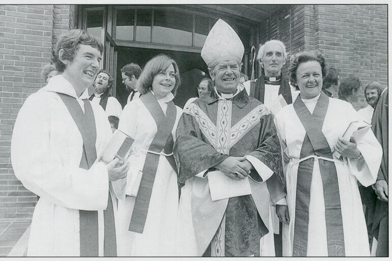 Rev Jean Brookes, Rev Wendy Cranston and Rev Heather Brunton after their ordination by Bishop Eric Gowing on 3 December 1977.