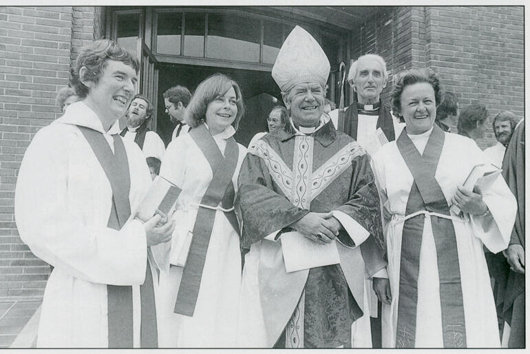 Rev Jean Brookes, Rev Wendy Cranston and Rev Heather Brunton after their ordination by Bishop Eric Gowing on 3 December 1977. Rev Jean Brookes, Rev Wendy Cranston and Rev Heather Brunton after their ordination by Bishop Eric Gowing on 3 December 1977.