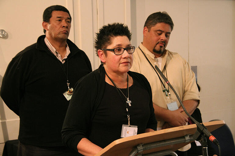 Moka Ritchie at the podium, Fe'i Tevi and Don Tamihere were members of the working group that developed the resolution.