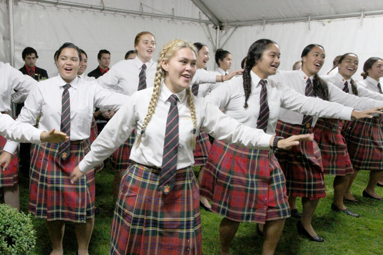 Schakerra Smith steps out front of the Hukarere kapa haka line. Schakerra Smith steps out front of the Hukarere kapa haka line.