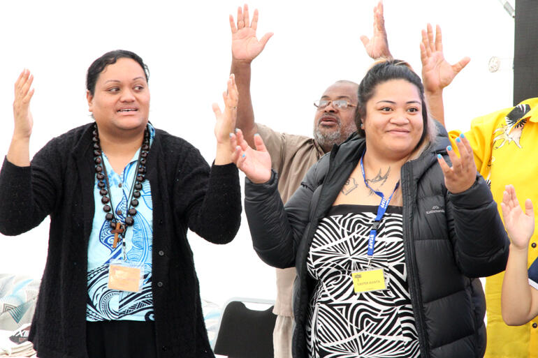 Sepi Hala'ai'api, Fr Orisi Vuki and Easter Aviata warm Archbishop Winston's charge in song.