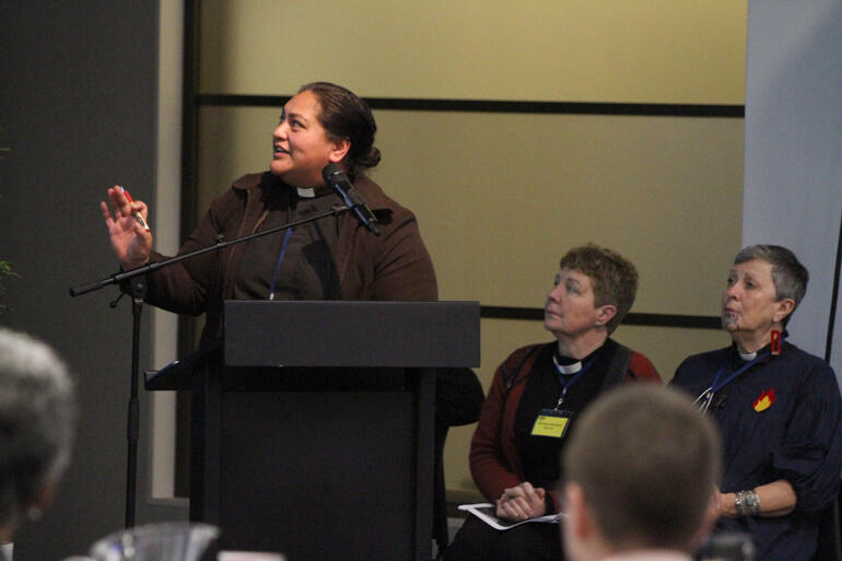 Archdeacon Ruihana Paenga introduces the wānanga on women's leadership. Archdeacon Ruihana Paenga introduces the wānanga on women's leadership.