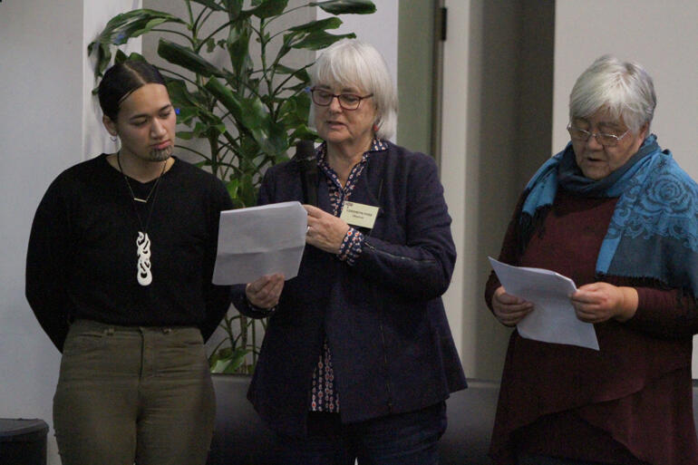 Jhaymeān Terekia, Ceridwyn Parr and Rev Bettina Maxwell present a litany of women's leadership in this Church. Jhaymeān Terekia, Ceridwyn Parr and Rev Bettina Maxwell present a litany of women's leadership in this Church.