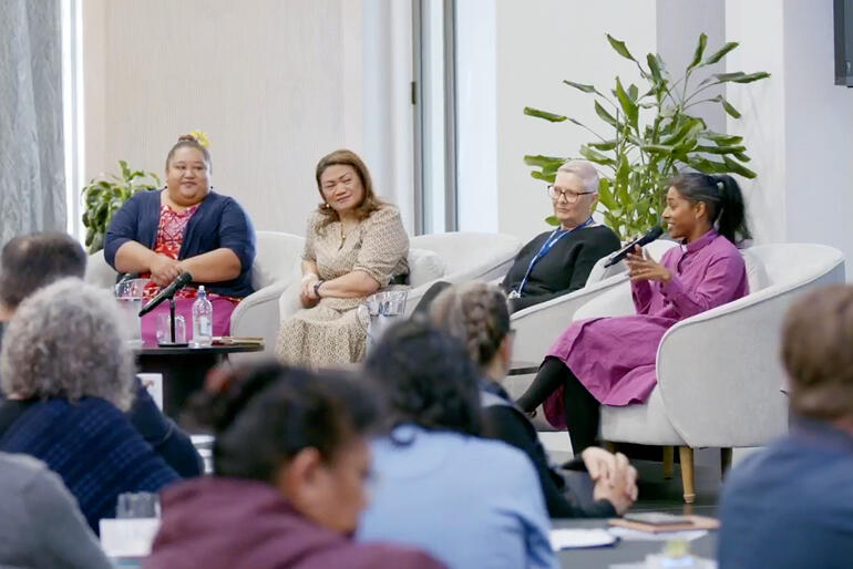 Women's leadership panel: L-R: Bolivia Smith, Hera Clark, Colleen Kaye, Bishop Anashuya Fletcher. Women's leadership panel: L-R: Bolivia Smith, Hera Clark, Colleen Kaye, Bishop Anashuya Fletcher.