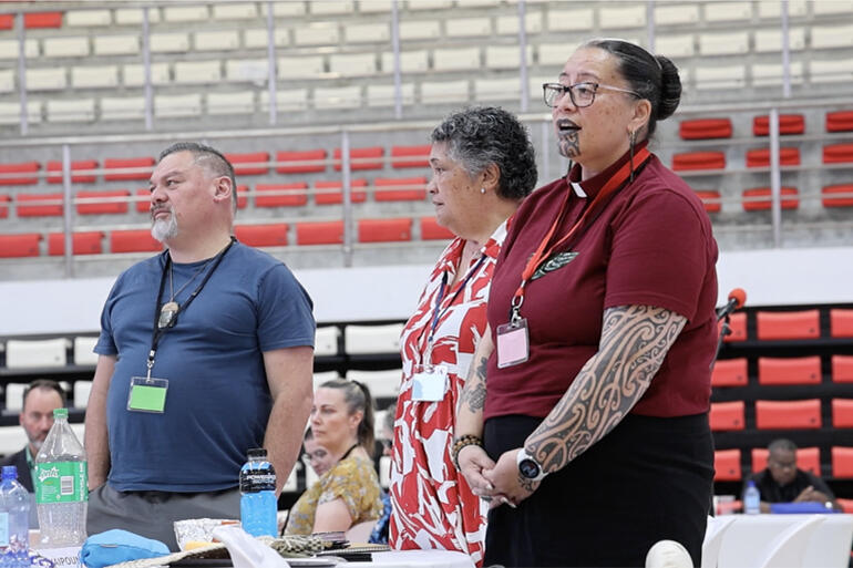 Hui Amorangi ki Te Waipounamu delegates Jason Tana, Archdeacon Hannah Pomare and Bishop Susan Wallace rise to tautoko Sir Selwyn's korero on Bill 15.