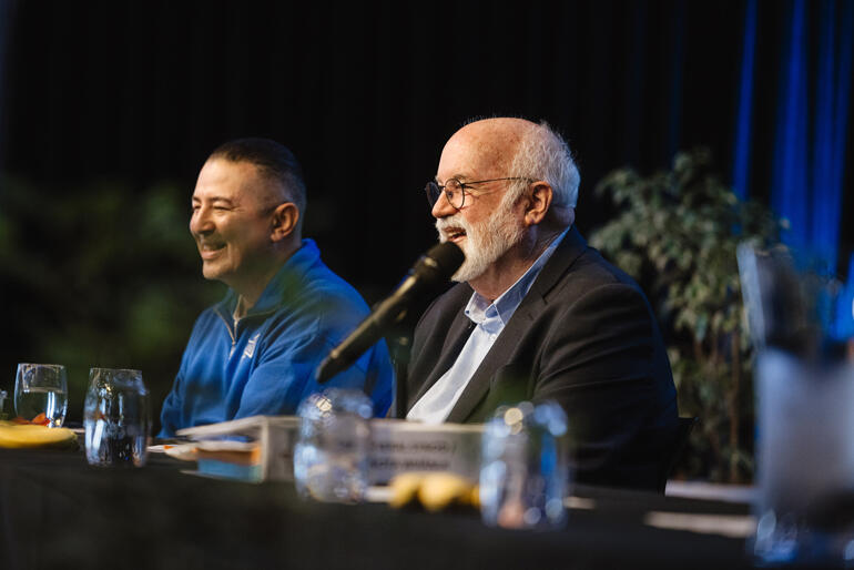 Steve Avalos and Fr Gregory Boyle share a smile with Synod during the wānanga on kinship. Steve Avalos and Fr Gregory Boyle share a smile with Synod during the wānanga on kinship.