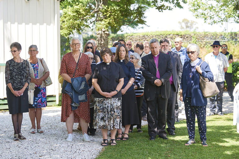 Church reps arrive at The Elms - Te Papa Tauranga: (Centre L-R) Rev Jo Crosse (GSSC), Rev Rosie Fyfe (NZCMS), Abp David Moxon, Abp Philip Richardson.