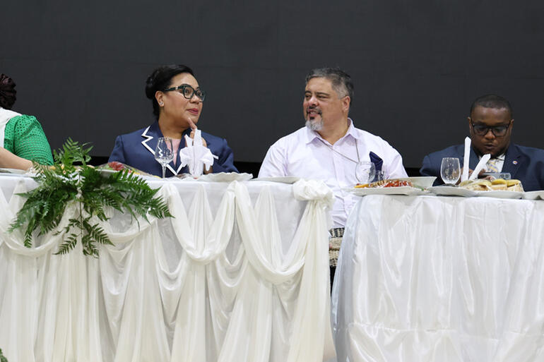 Archbishop Don Tamihere and HRH Hon Frederica Lupe'uluiva Tuita converse at the festival opening dinner.