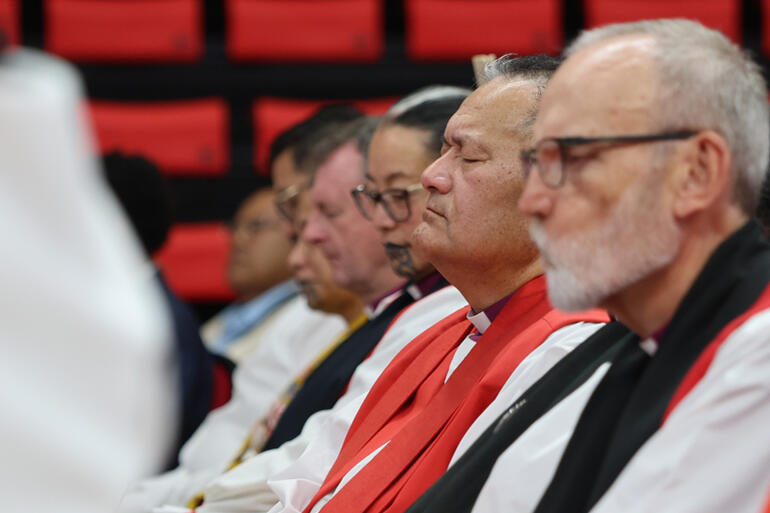 Bishop of Te Hui Amorangi ki Te Tai Tokerau, the Rt Rev Te Kitohi Pikaahu prays during the Opening service.