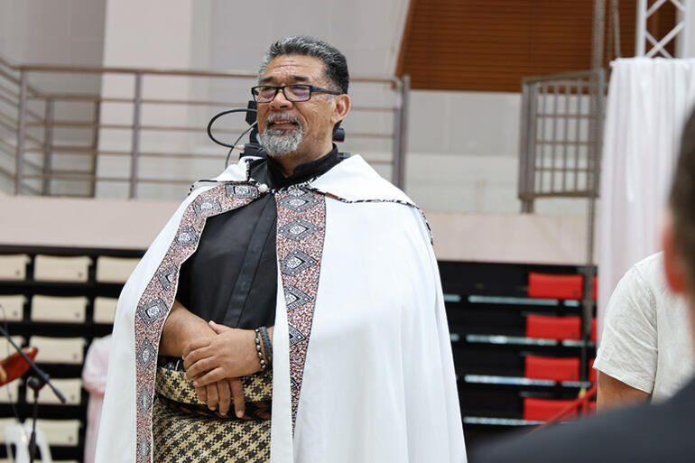 Vicar General of Polynesia Fe'iloakitau Kaho Tevi MCs the liturgy.