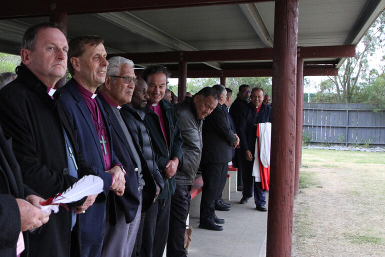 Bishops front the manuhiri at Ōmahu as General Synod arrives in Ōmahu on Sunday 19 May, 2024. Bishops front the manuhiri at Ōmahu as General Synod arrives in Ōmahu on Sunday 19 May, 2024.
