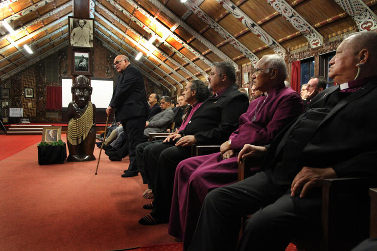 A bench of bishops listen as Selwyn Parata concludes his korero. A bench of bishops listen as Selwyn Parata concludes his korero.