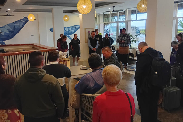 St John the Baptist Theological College students lead karakia for General Synod Te Hīnota Whānui delegates at Tanoa Hotel in Nuku'alofa.