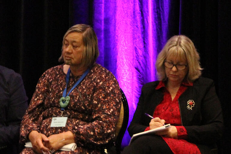 Church Worker Retirement Housing motion seconder Archdeacon Mere Wallace & Rev Vicki Sykes listen to speakers to the motion.