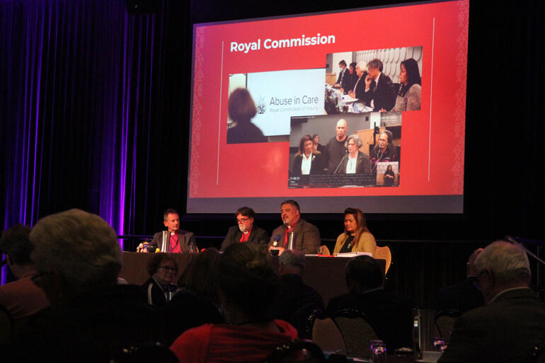 Bishop Ross Bay, Archbishop Philip Richardson, Archbishop Don Tamihere and Hera Clarke speak on the Royal Commission of Inquiry.