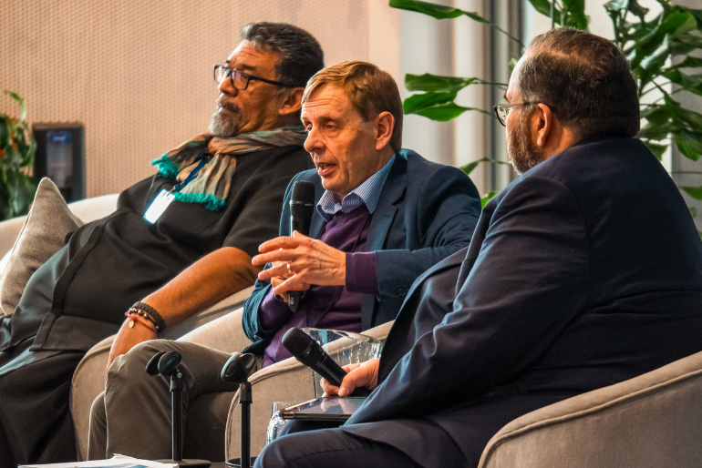 Bishop Peter Carrell speaks on theological education flanked by Fe'iloakitau Kaho Tevi and Rev Dr Hirini Kaa. Bishop Peter Carrell speaks on theological education flanked by Fe'iloakitau Kaho Tevi and Rev Dr Hirini Kaa.