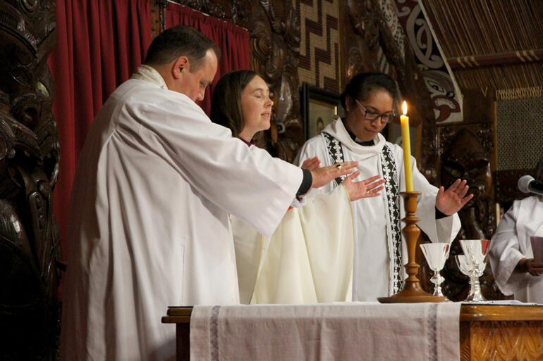 Send your Holy Spirit! L-R: Rev Ngira Simmonds, Bishop Eleanor Sanderson, Rev Mele Prescott. Send your Holy Spirit! L-R: Rev Ngira Simmonds, Bishop Eleanor Sanderson, Rev Mele Prescott.