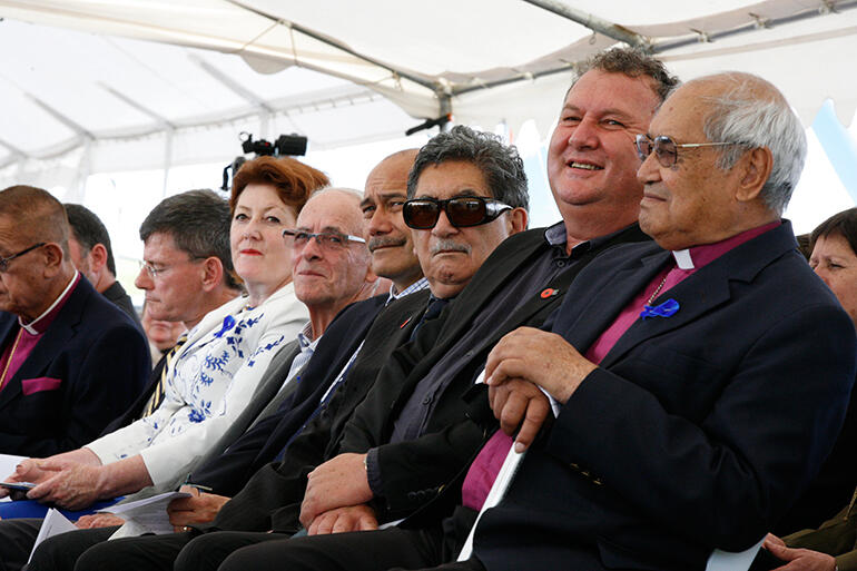 R-L: Archbishop Brown Turei, Shane Jones, Lewis Moeau, Sir Jerry Mateparae, John King, Maggie Barry and Chris Finlayson.