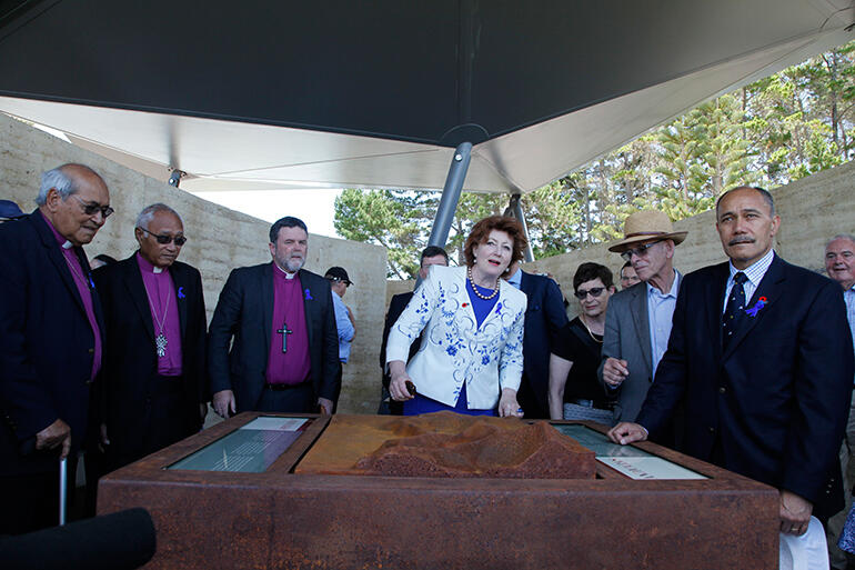 The archbishops, at left, with Maggie Barry, John King and the Governor General in Rore Kahu.