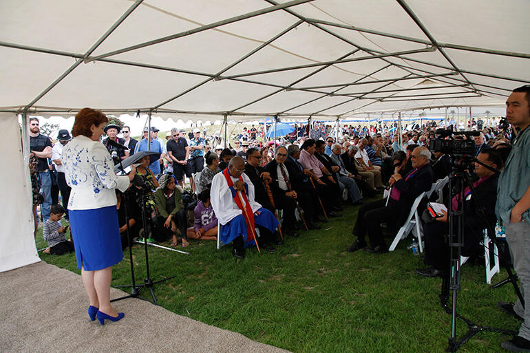 The Conservation Minister, the Hon Maggie Barry, addresses the VIPs in the main marquee. The Conservation Minister, the Hon Maggie Barry, addresses the VIPs in the main marquee.
