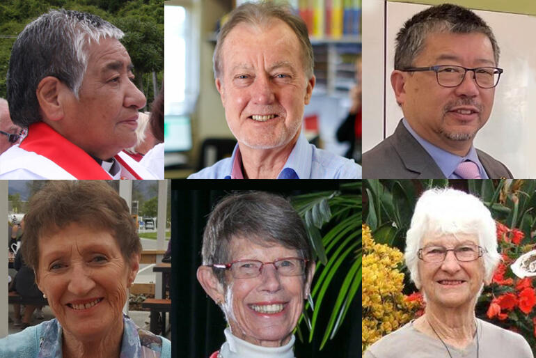 Clockwise: Canon Ihipera Morrell, Sir Chris Farrelly, Malcolm Wong, Hazel Georgantis, Jennie Oakley, Noeline Watson. Clockwise: Canon Ihipera Morrell, Sir Chris Farrelly, Malcolm Wong, Hazel Georgantis, Jennie Oakley, Noeline Watson.