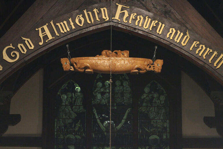 St Michael and All Angels' wakahuia tabernacle rests in the rafters awaiting its descent to receive the blessed sacrament.