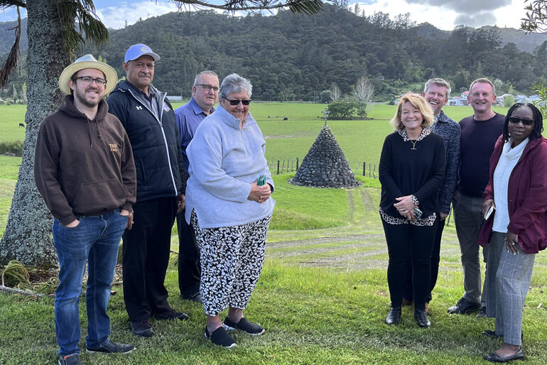 The Anglican-Methodist dialogue team part to reveal the Memorial Cairn for ‘Wesleydale’ at Kaeo – Aotearoa's first Methodist Mission.