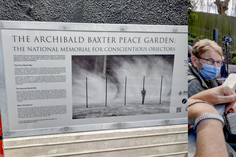 An interpretive panel at the Archibald Baxter Peace Garden tells the story of those who suffered Field Punishment Number 1.