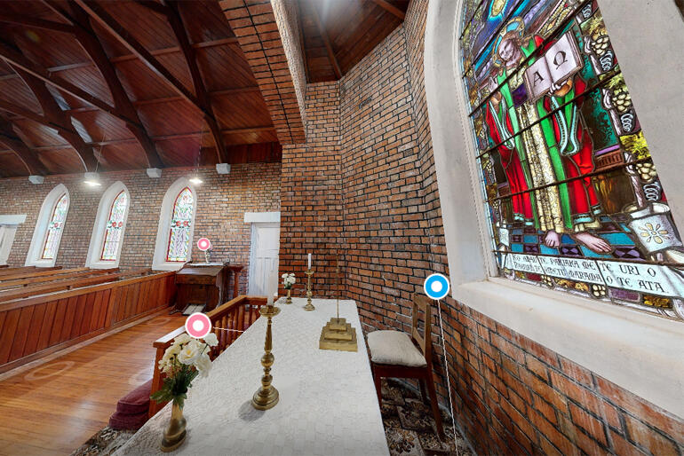 As visitors navigate around the church they can find high resolution images of details like this stained glass window depicting Christ.