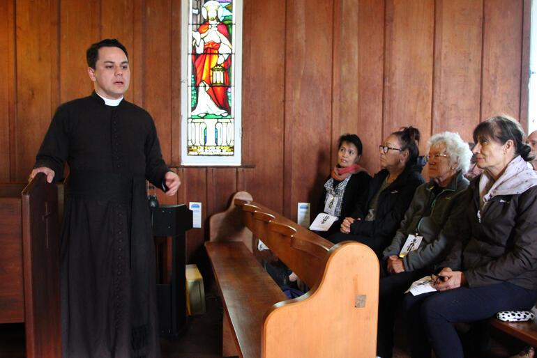 Pā Cruz Karauti-Fox stands in St Paul's Rangiaowhia in 2023 to share some of its history. Photo: JCM/AnglicanTaonga.