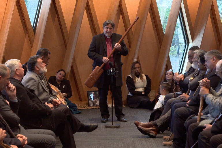 Bishop of Waikato-Taranaki, Most Rev Philip Richardson gives thanks to mana whenua as Te Whare Hononga opens. Bishop of Waikato-Taranaki, Most Rev Philip Richardson gives thanks to mana whenua as Te Whare Hononga opens.