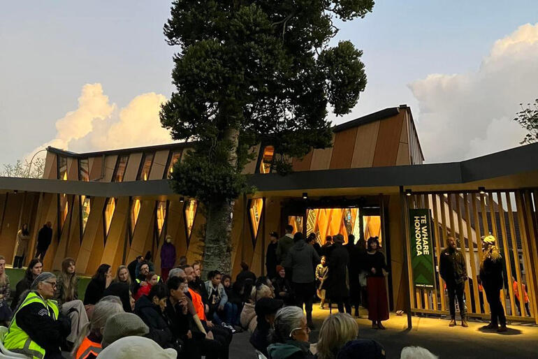 Te Whare Hononga, 'The House that Binds' stands in the dawn light on its opening day last week. Te Whare Hononga, 'The House that Binds' stands in the dawn light on its opening day last week.